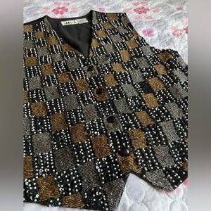 VTG Effeci Black and Gold Sequin Beaded Pearl Satin Checkered Vest Size Large